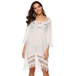 Deep V Hollow Out 3 4 Sleeve Fringe Patchwork Irregular Beach Cover Up Dress Lightweight Stylish