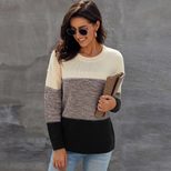 Womens Color Block Knit Sweater Round Neck Long Sleeve Cozy Fabric Winter Casual Wear Wholesale