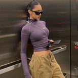 Slim Fit Half Turtleneck Long Sleeve Top Zipper Closure Lightweight Fabric Trendy Style Perfect