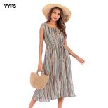 Sleeveless Round Neck Colorful Striped Print Dress Summer Fashion Casual Style Comfortable Fit W