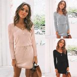 Knit Sweater Dress for Women Solid Color with Lace Up Detail Casual Spring Summer Wear
