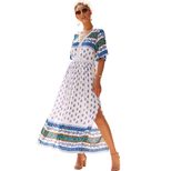 Bohemian Floral Print Dress for Women V Neck Short Sleeve Autumn Casual Wear