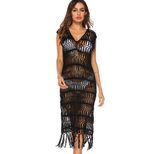 Sexy Hollow Out Deep V Neck Sleeveless Beach Dress with Fringe Lightweight Sheer Fabric Perfect