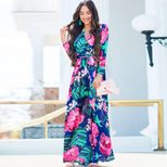 Floral Print Maxi Dress for Women V Neck Mid Waist Long Sleeve Spring Summer Casual Wear