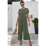 Womens Summer Jumpsuit Loose Fit High Waist Short Sleeve Button Design Casual Wear