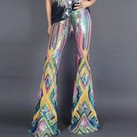 High Waist Bell Bottom Pants Multi Color Geometric Sequins Casual Spring Autumn Wear