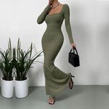 Elegant Long Sleeve Square Neck Dress Slim Fit Ankle Length Autumn Winter Perfect for Formal Occ