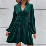 Velvet Long Sleeve Dress Waist Defined Flared Skirt Puff Sleeves Fall Winter Fashion for Women O