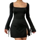 Red A Line Dress High Waist Square Neck Split Hem Versatile Autumn Winter Style Wholesale Availa