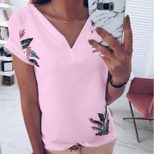 V Neck Short Sleeve Printed T Shirt for Women Casual Style Summer Wear OEM ODM service
