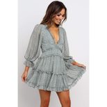 Backless V Neck Long Sleeve Dress Puff Sleeves Waist Cinching Spring Fall Style Wholesale Availa