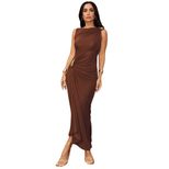 Sleeveless Bodycon Dress Solid Color Metallic Accents Sexy Split Design Autumn Fashion for Women