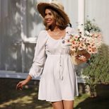 Womens A Line Dress Loose Fit Long Sleeve Elastic Waist Square Neck Casual Vacation Style Ready