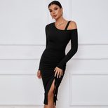 Womens Long Sleeve Dress Drawstring Side Slit Off Shoulder Autumn Winter Bodycon Style Wholesale