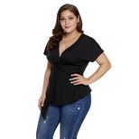 Womens Summer Loose V Neck Short Sleeve T Shirt Twist Knot Design High Low Hem Plus Size Casual