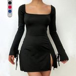 Red A Line Dress High Waist Square Neck Split Hem Versatile Autumn Winter Style Wholesale Availa