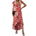 Vintage Inspired V Neck Short Sleeve Printed Asymmetrical Loose Dress Elegant Design Comfortable