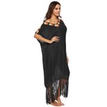 Bohemian Crochet Patchwork Maxi Dress Loose Fit Short Sleeve V Neck Tassel Detail Beachwear for