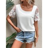 Lace Short Sleeve T Shirt for Women Solid Color Asymmetrical Neckline Fresh and Sweet Style Perf