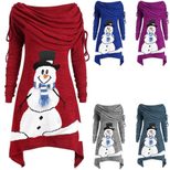 Womens Christmas Snowman Print Ruffled Collar Irregular Drawstring Dress Autumn Winter Fashion W