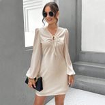 Elegant A Line Dress Puff Sleeve Long Sleeve V Neck Ruched Bodice Hollow Out Design Perfect for