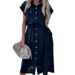 Womens Summer Dress Short Sleeve Lapel Collar Solid Color Belted Casual Wear ready to ship