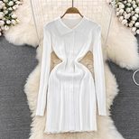 Vintage Inspired Long Sleeve Polo Dress Slim Fit Waist Defining Knitted Fabric Autumn Fashion fo