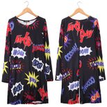 Christmas Cartoon Print Dress for Women Long Sleeve Round Neck Seasonal Holiday Wear