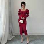 Vintage Burgundy Velvet Dress for Women Square Neck Puff Sleeves Slim Fit Side Slit Autumn Winte