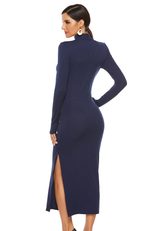 Long Sleeve Knitted Dress for Women Solid Color Side Slit Slim Fit Casual Autumn Winter Wear