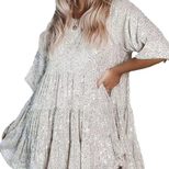 Sequin A Line Dress Round Neck Short Sleeve Loose Fit Evening Party Wear ready to ship