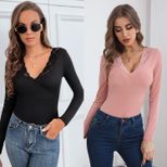 Womens Long Sleeve T Shirt V Neck Lace Panel Slim Fit Autumn Casual Wear factory direct