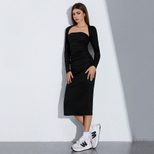 Chic Two Piece Dress Set Strapless Long Sleeve Bodycon Midi Skirt with Slit Fall Winter Fashion