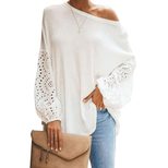 Womens Loose Fit Hollow Out Long Sleeve Top Solid Color Off Shoulder Asymmetrical Neckline Sprin
