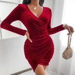 Velvet Bodycon Dress Long Sleeve V Neck Ruched Split Hem Shimmering Evening Party or Cocktail We