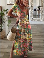 Floral Print V Neck Split Maxi Dress for Women Casual Vacation Style Available in Multiple Sizes Wholesale Supply