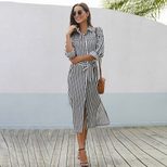 Womens Striped Midi Dress with Button Down Collar and Tie Waist Three Quarter Sleeves for Autumn Wholesale