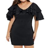 Plus Size Lace Insert Dress Round Neck Ruffled Short Sleeves High Waist Pleated Design Elegant E