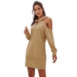 Hooded Off Shoulder Womens Sweatshirt Dress Color Block Design Long Sleeve Casual Style Perfect