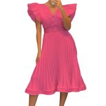 V Neck Pleated Dress Ruffled Sleeves Belt Included Elegant Design Perfect for Parties and Events