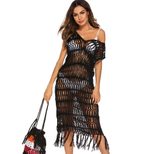 Sexy Hollow Out Deep V Neck Sleeveless Beach Dress with Fringe Lightweight Sheer Fabric Perfect