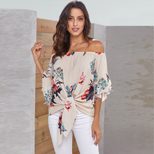 Off the Shoulder Crop Top Floral Print 3 4 Sleeve Casual Style Spring Fashion Wholesale Availabl