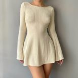 Womens Long Sleeve Knit Dress U Neck Backless Slim Fit Solid Color Autumn Casual Wear