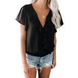 Womens Solid Color Pullover T Shirt V Neck Ruffle Short Sleeves Elastic Waist Summer Casual Wear