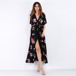 Floral Print Dress V Neck Short Sleeve Side Slit Summer Beach Vacation Wear Wholesale Available