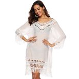 Deep V Hollow Out 3 4 Sleeve Fringe Patchwork Irregular Beach Cover Up Dress Lightweight Stylish