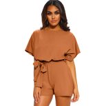 Womens High Waisted Solid Color Sports Shorts Short Sleeve Round Neck Drawstring Design Casual W