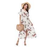 Floral Chiffon Dress V Neck Short Sleeve High Slit A Line Casual Beachwear Wholesale Available