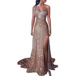 Gold One Shoulder Sleeveless Maxi Dress with Slit for Women Wholesale Elegant Evening Wear Available in Multiple Sizes
