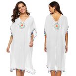 Colorful Tassel Beach Cover Up Dress Hand Crocheted Floral Patchwork Loose Fit Deep V Neck Whole